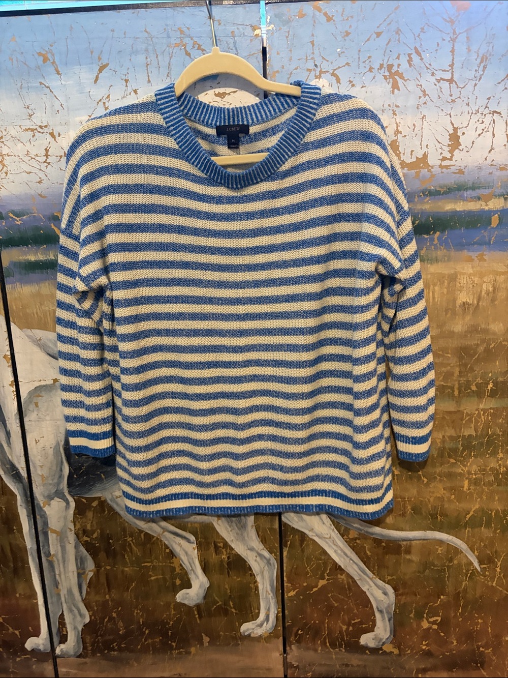 J. Crew Linen/ Cotton Women’s Blue and Cream Striped Crewneck Sweater